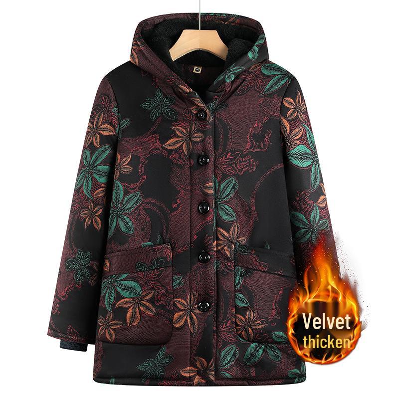 Elderly Women s Thickened Velvet Winter Cotton Hooded Jacket 2XL (suitable for 105-120 jin) зелёный