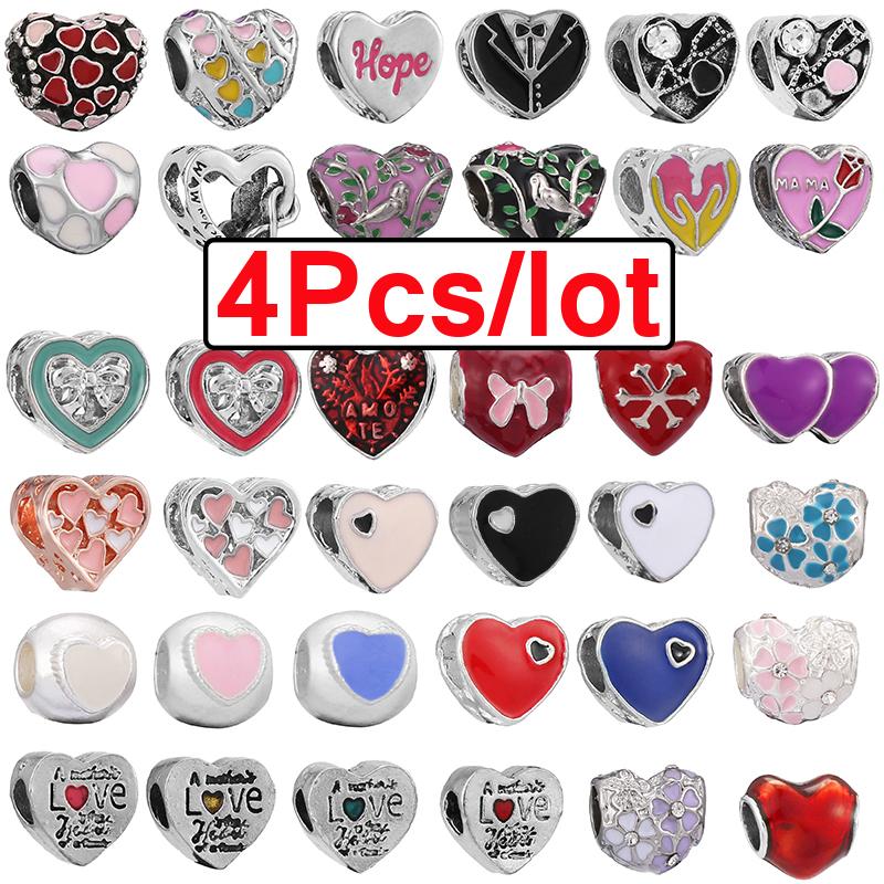 4pcs Sale Romantic Style Enamel Love Heart Charms Beads Fit Original Bracelets Necklaces For Women Girlfriend Jewelry Making