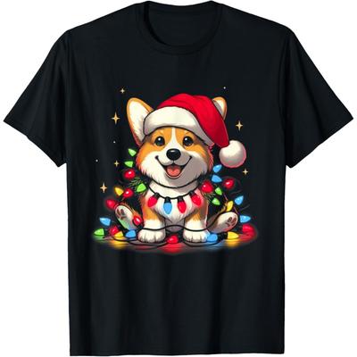 Corgi Santa Christmas Tree Lights Boys Men Corgmas Dog T-Shirt