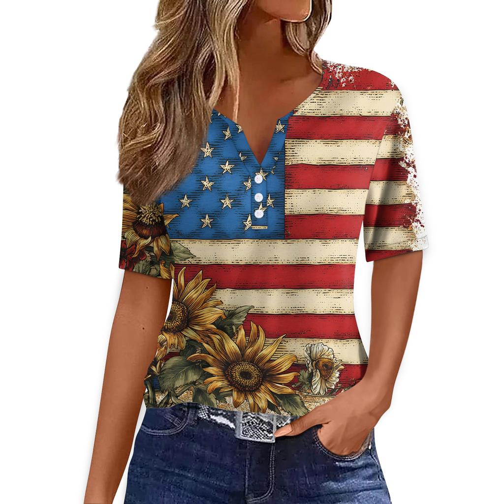 Women's T Shirt Tee Print Button Short Sleeve Daily Weekend Fashion Basic V- Neck Regular Top