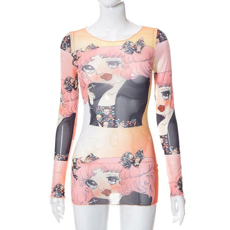 

Summer Beautiful round Neck Pullover Long Sleeves Mesh Floral Print High Waist Type European and American Women s Clothing Dress Punk Secondary Yuan Image color L