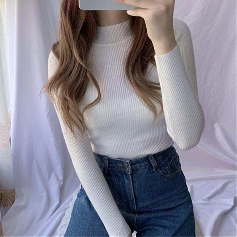 Pulover femei ia în interiorul subțire toamnă iarnă culoare uni punctul de bază jumătate guler înalt fund tricot pulover femeie