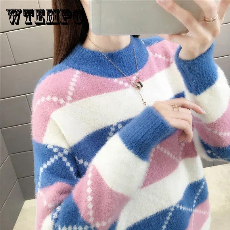 Mink fleece, halv turtleneck genser dame høst og vinter løs farge matchende langermet strikket bunnskjorte dame elegant strikket genser