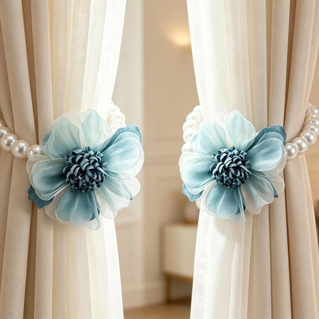 4Pcs Curtain Tiebacks Magnetic Curtain Holdback with Elastic Cord No Drill Window Decor Home Decor Flower Pearl Curtain Buckles