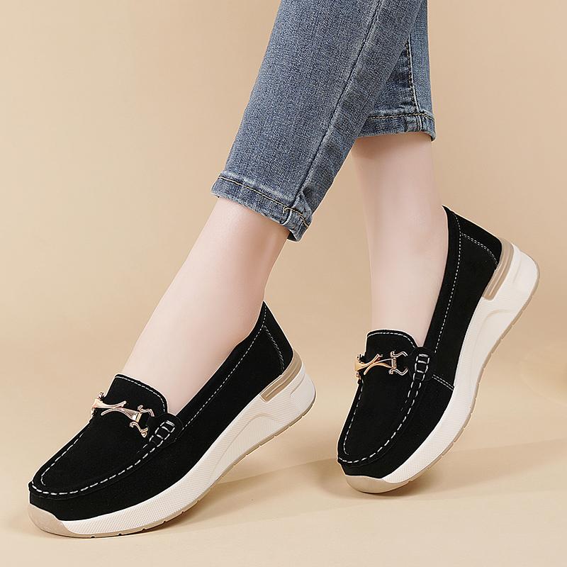 Women Wedge Chunky Shoes Platform Loafers Casual Thick Sole Elevator Slip on Black Shake Shoes Large Size
