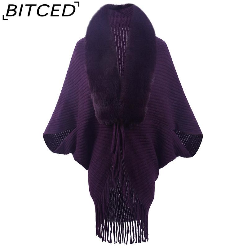 BITCED Autumn/Winter Fringe Shawl with Fur Collar – Women's Knitted Cape Coat