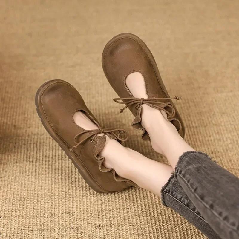 Genuine Leather Women's Shoes Autumn/Spring Flats  Plus Size Casual Shoes Lace Up Fashion  Antislip Shoes