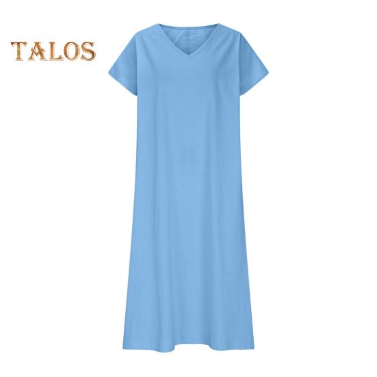 Damekjole i bomull og lin, avslappet, kortermet, v-hals, lang kjole, sommer, strand, ferie, swing, sommerkjole