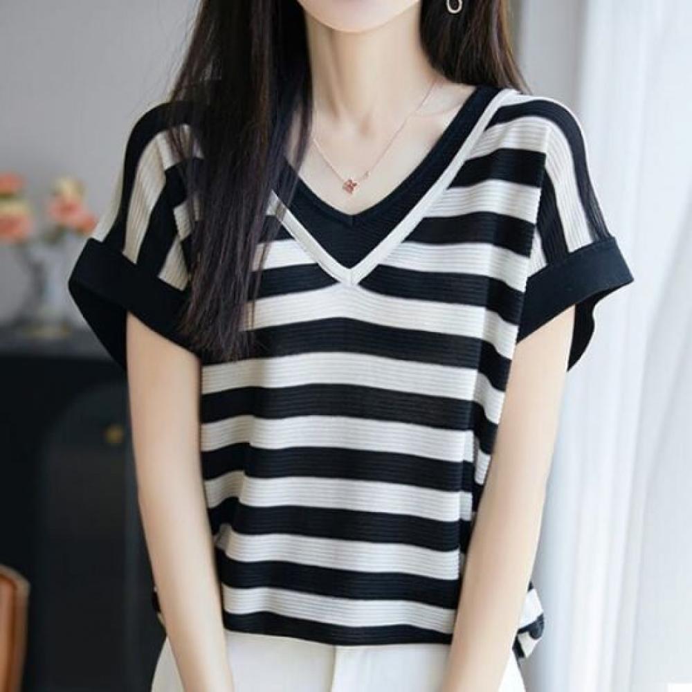 NaVaVa Thin Cool Colorblock V Neck Short sleeVe Knit Nk3055