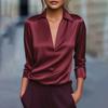 Women Shirt Lapel V-Neck Long Sleeve Smooth Satin Shirt Tops Pure Color Loose Fit Smooth Satin Office Lady Shirt Daily Wear