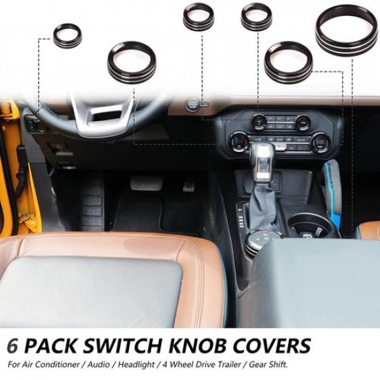 6XBlack Air Condition/Headlight/Radio Switch Knob Trim Ring for Ford Bronco 21+