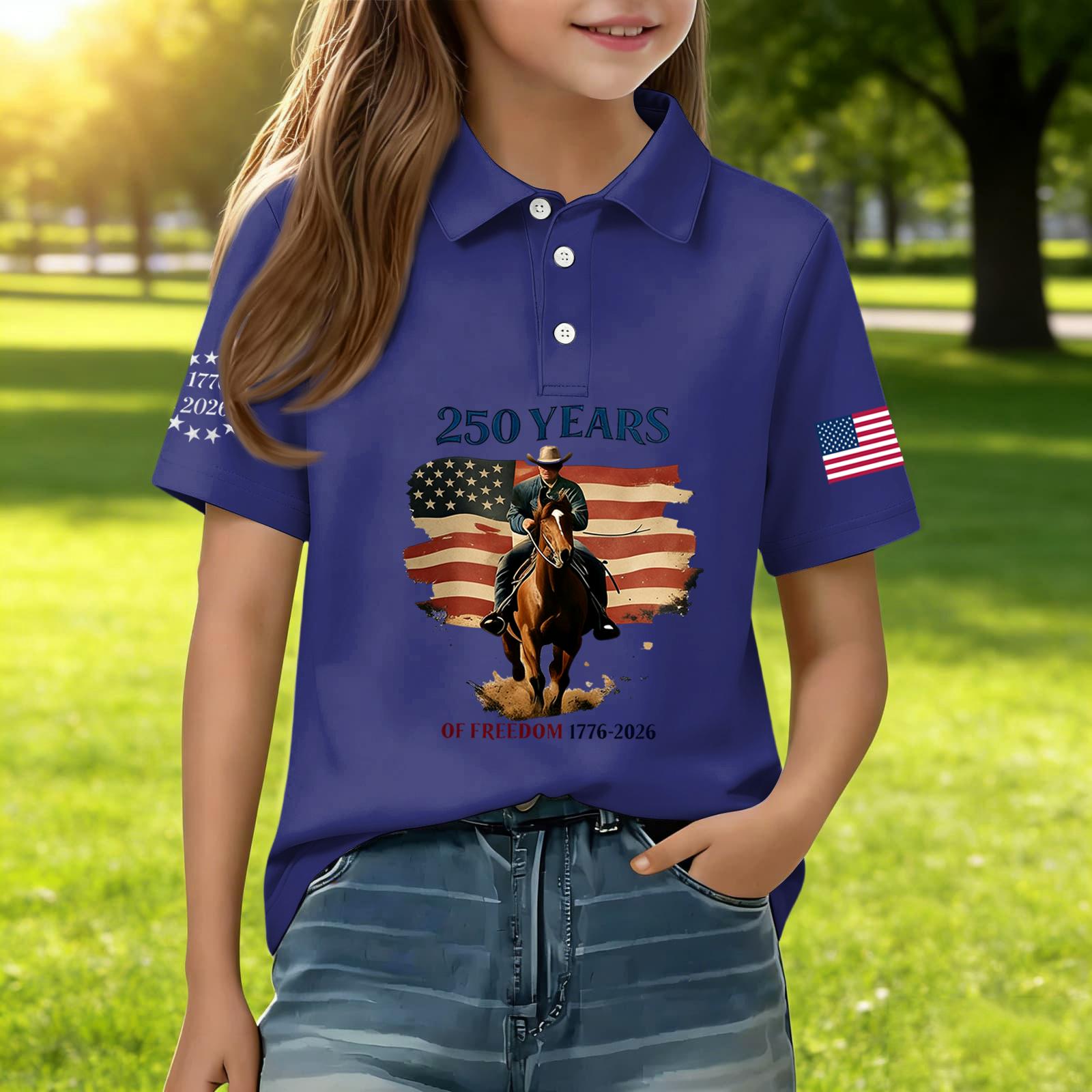 

Boys Polo Shirt Short Sleeve Casual Top Independence Day Print American Flag Graphic Tee Comfortable Fit 120 тёмно-синий