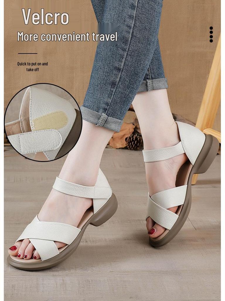 Women's Genuine Leather Chunky Heel Sandals for Wide Feet - Casual Summer Cowhide Shoes