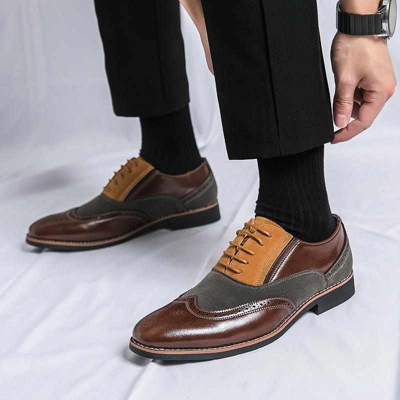 New Brown Pointed Mixed Colors Patchwork Casual Oxford Shoes For Men Formal Wedding Dress Homecoming Sapato Social Masculino