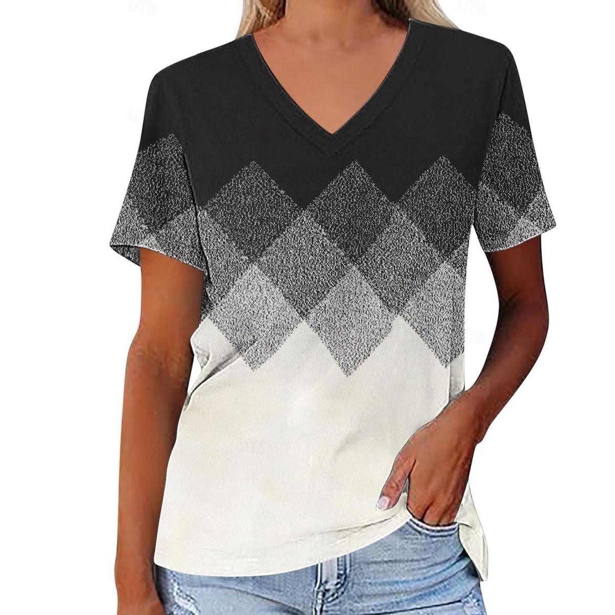 

100% полиэстер Топы Летняя женская футболка Клетчатая футболка Повседневные выходные Принт Красные короткие рукава Модные V-образные вырезы Мягкие футболки для женщин 6XL