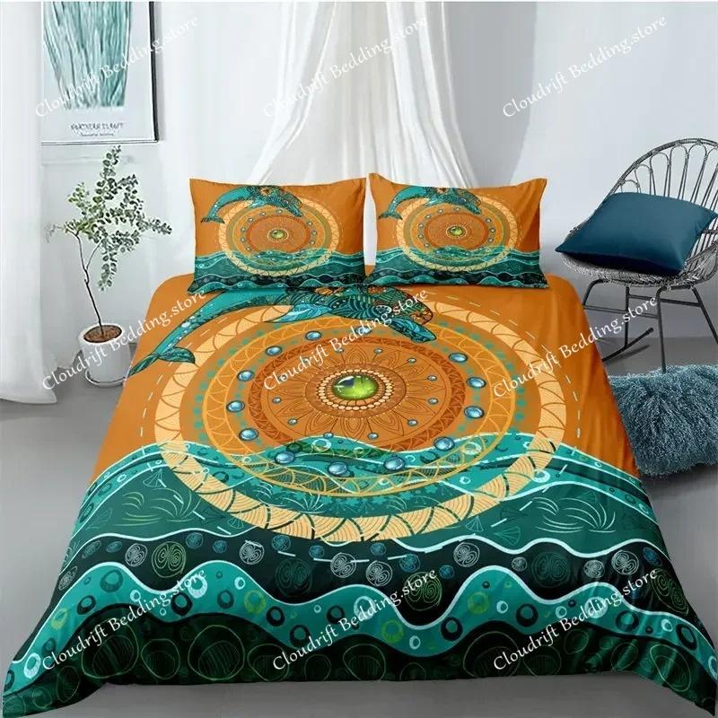 Set Biancheria da Letto Delfino dell'Oceano per Bambini Adulti Stile Boho a Tema Marino Copripiumino Microfibra Copripiumino Creature Marine Arredamento Camera da Letto