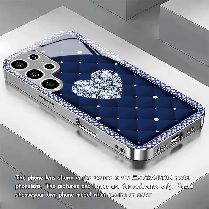Diamond heart-shaped patterned glass phone case suitable for Samsung Galaxy S26 S25 S24 S23 S22 S20 FE Ultra Plus anti drop