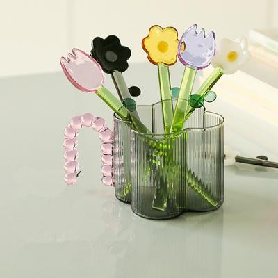 Set da 6 Pezzi Cucchiaini in Vetro Alto Borosilicato Fiore Girasole Tulipano Colorati Cucchiaini da Tè Caffè Manico Lungo Cucchiaio Misto