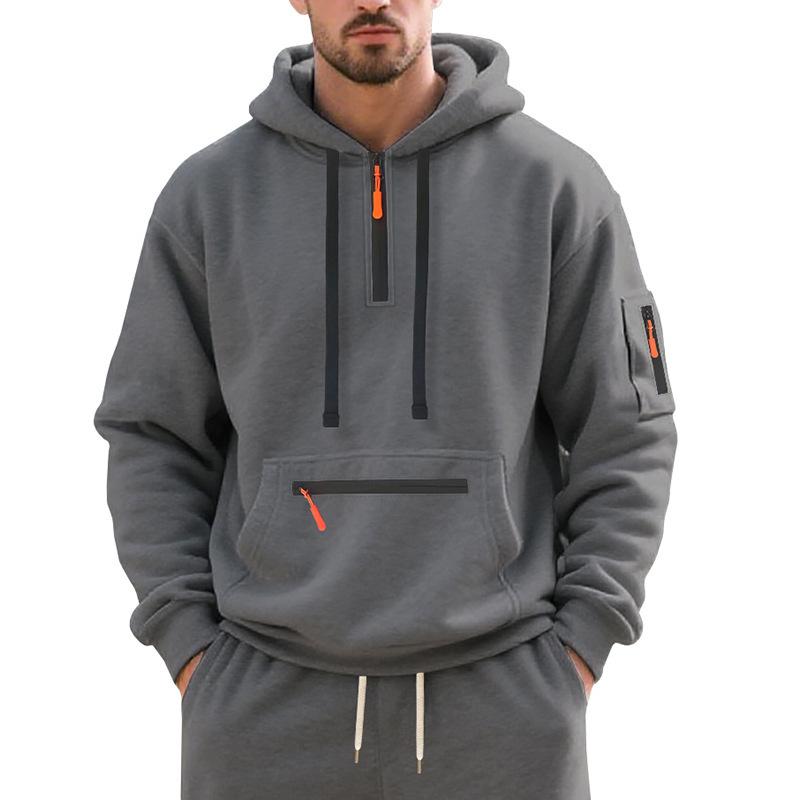 Men's Autumn/Winter Hooded Pullover Sweatshirt with Pockets and Thickened Velvet, Casual Sportswear