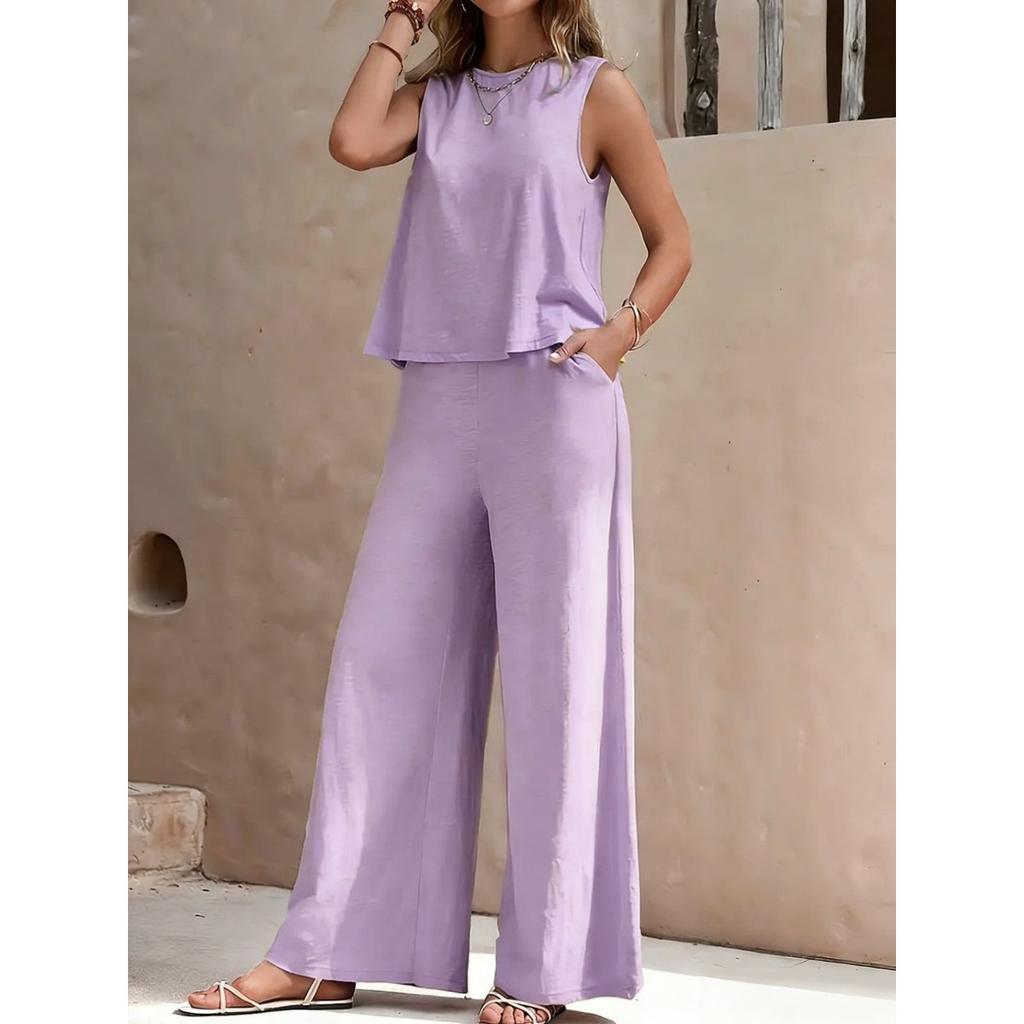 Women's Round Neck Sleeveless Tank Top and Wide Leg Pants 2 Piece Casual Set