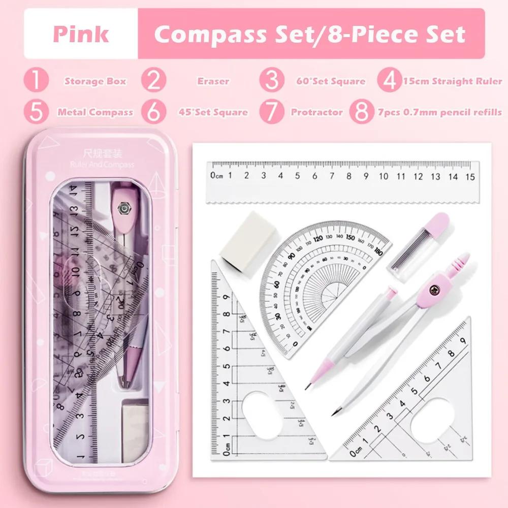 Portable 8PCS/Set Plastic Ruler Compasses Set Transparent Eraser Protractor Set Square Straight Ruler Measuring Ruler Students