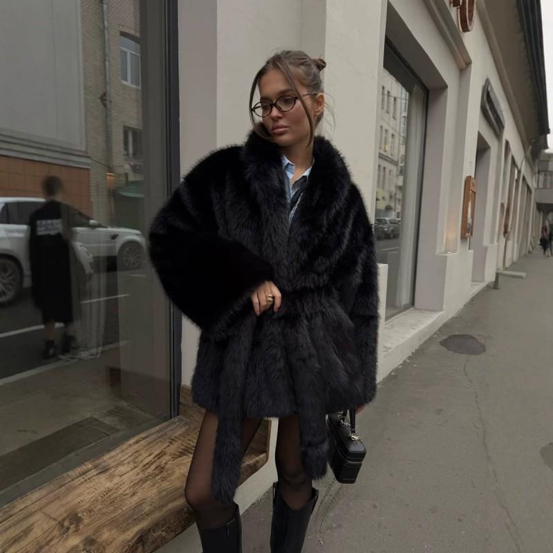 Womens Faux Fox Fur Coat With Belted Waist Retro Style Short Pufferless Jacket