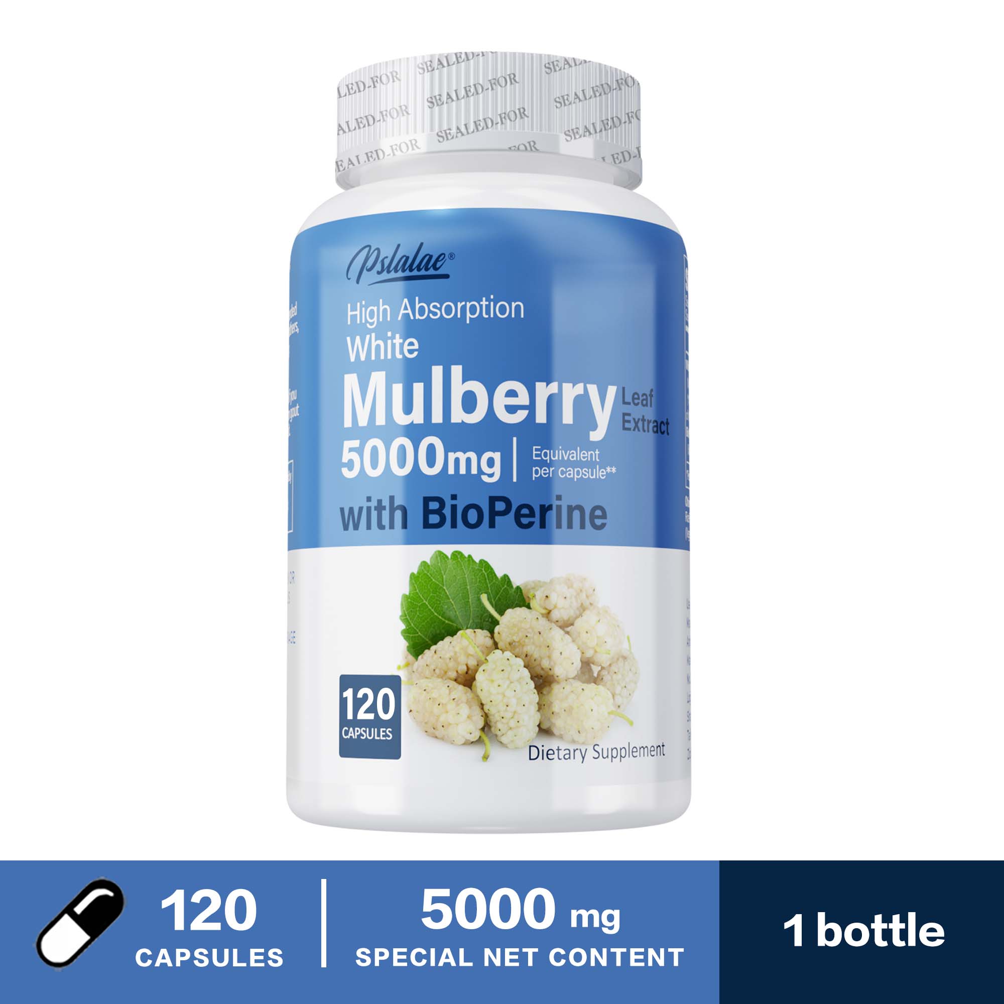 Cápsulas de Extracto de Hoja de Morera Blanca Pslalae, 10:1 Extracto, 5000 mg Hoja de Morera Blanca, Salud General, Adecuado para Adultos 120*1