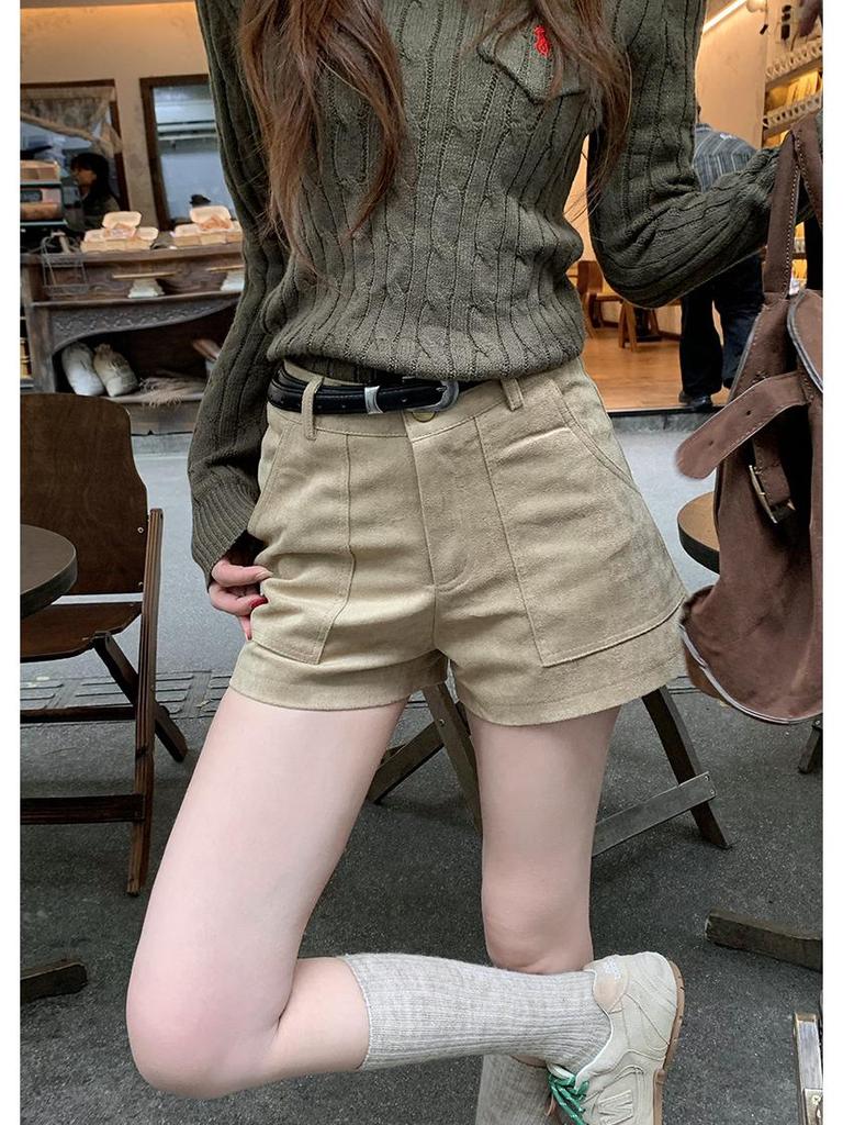 Women's 2025 Retro Suede Wide-Leg Shorts - Casual Winter Bootcut with Large Pockets