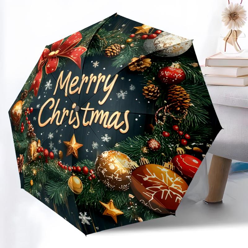 1pc Sturdy 8-Bone Auto Umbrella, Christmas elements Merry Christmas Umbrella, Digital Printed, Foldable Umbrella for On-the-Go Outdoor Use