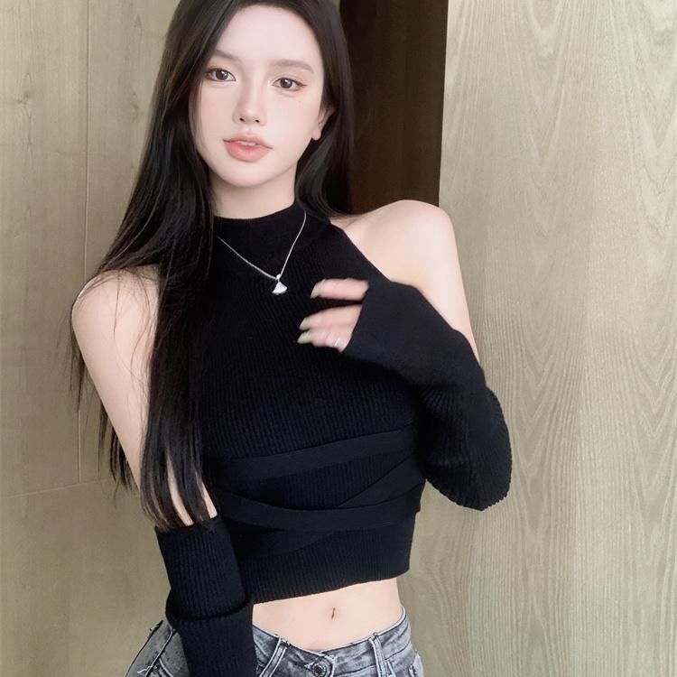 

Женский летний вязаный жилет без рукавов в стиле чистого желания, с рукавами, сексуальный, облегающий, короткий топ с открытыми плечами L чёрный