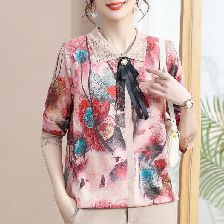 Middle-aged Mother Autumn New Long-sleeved Sweater Thin Middle-aged and Elderly Knitted Sweater Women