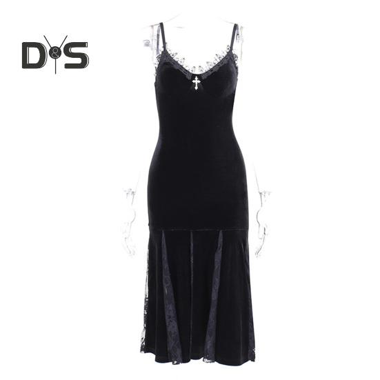 Vestito da cosplay di Halloween da donna, scollo a V, in pizzo, con spalline sottili, orlo a coda di pesce, stile scuro, gotico medievale, vintage, senza maniche, spettacolo teatrale