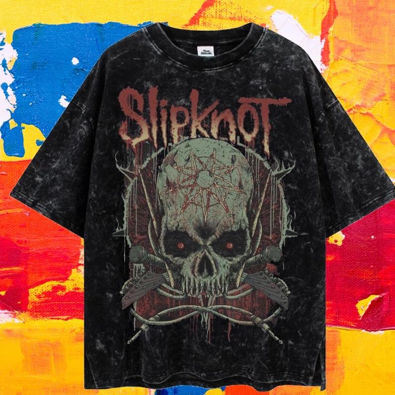Slipknot Album Poster Graphic Print Vintage Washed T-Shirts Global Tour Mercah Men Women Harajuku Street Oversized Cotton Tees S