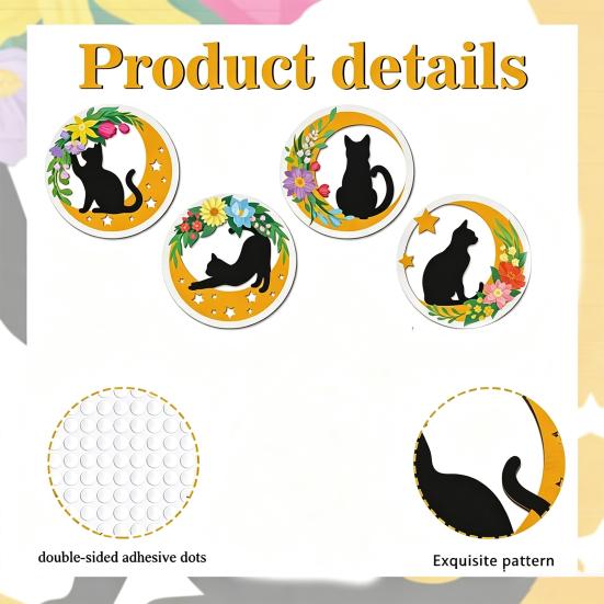 Healing Atmosphere Wall Art 4Pcs Wooden Cat Decor, 2D Flat Round with Flower Creative Animal Hangings Moon Elements, Lightweight Decorative