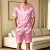Men's Short Sleeve Pajama Set with Chest Pocket and Two Pocket Shorts for Casual Sleepwear