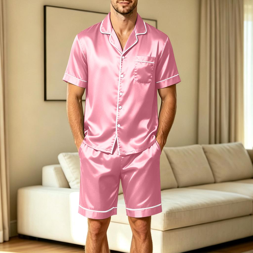 Men's Short Sleeve Pajama Set with Chest Pocket and Two Pocket Shorts for Casual Sleepwear