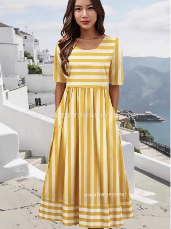 2026 European and American women's clothing explosive summer new casual fashion striped short-sleeved dress
