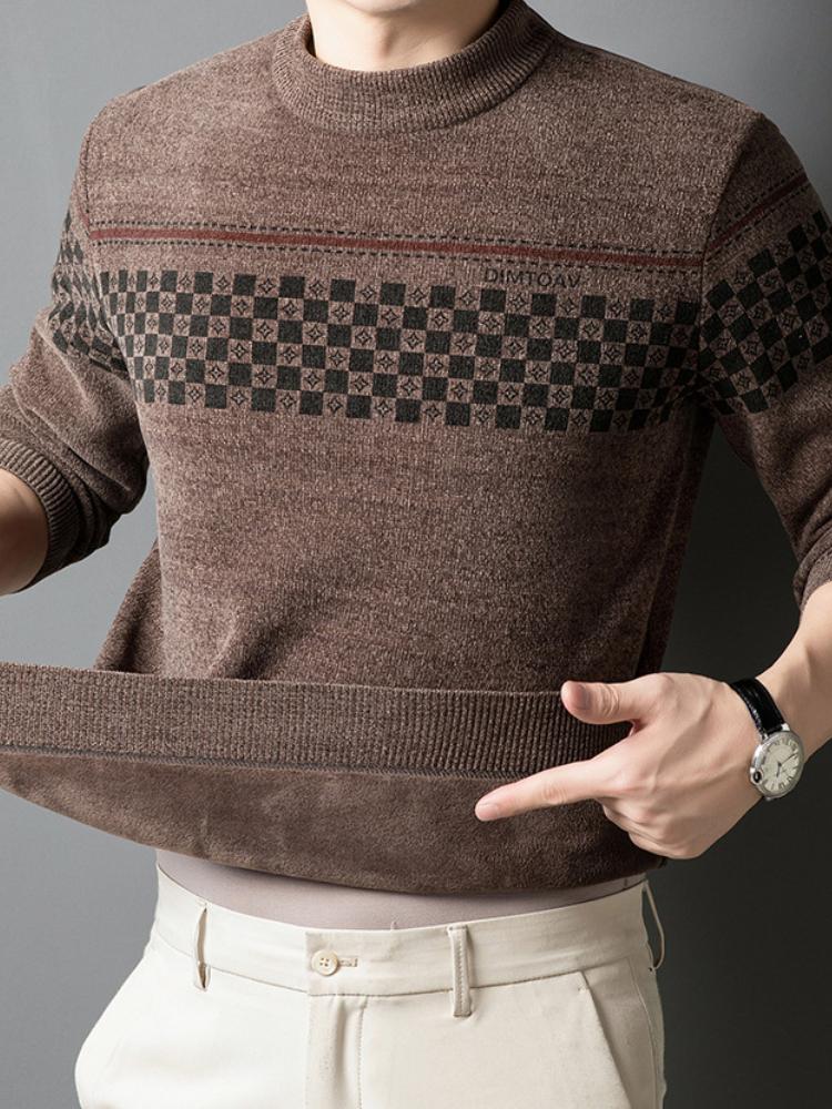 Men's Cozy Fleece-Lined Striped Sweater - Casual Round Neck Knit Pullover for Fall/Winter, Warm & Stylish