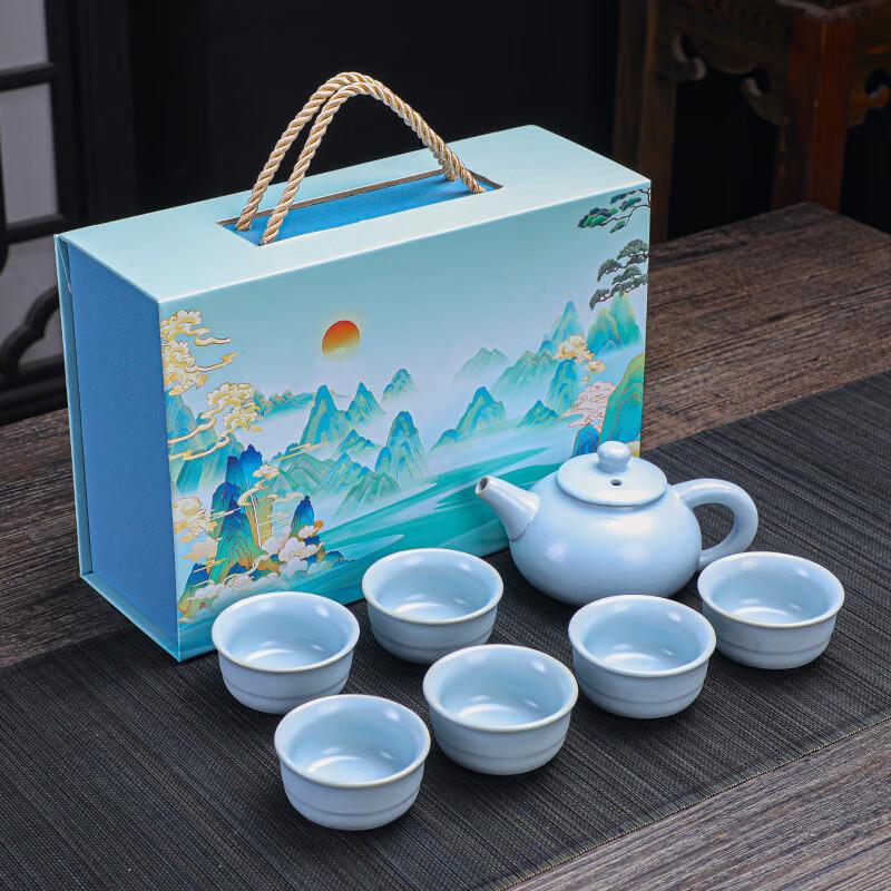 Traditional Chinese Ceramic Kung Fu Tea Set Ruyao Stone Ladle Pot 7-Piece Set