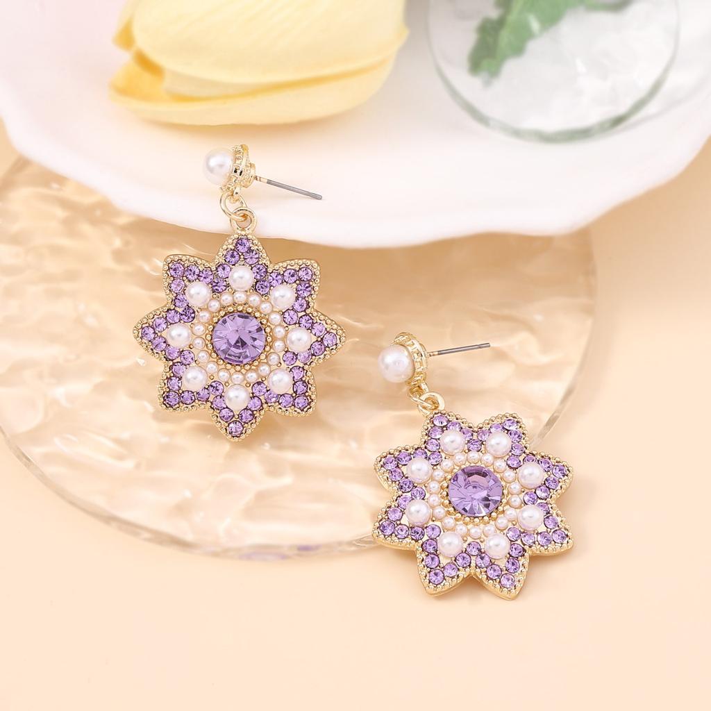 Bohemian vintage colored diamond-encrusted rice beads flower floral earrings imitation pearls exaggerated statement earrings