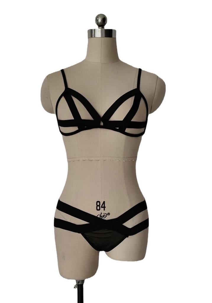 Hollow-Out European & American Style Lingerie: Sexy Strappy Three-Piece See-Through Temptation Set