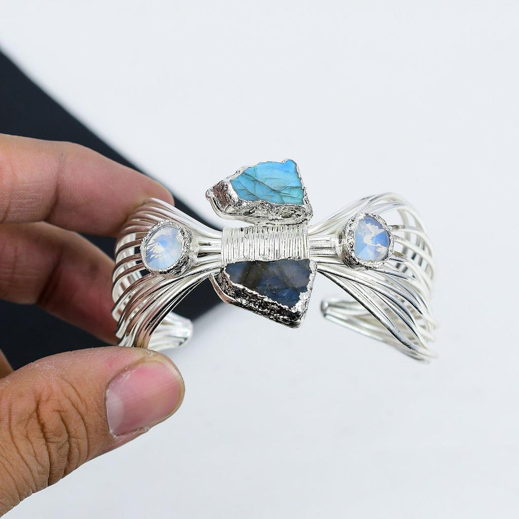 Natural Labradorite Gemstone Handmade 925 Sterling Silver Cuff Bangle, Milky Opal Cuff Bangle For Wife, Unisex Cuff Bangle Gift For Him