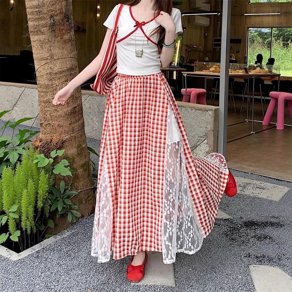Plaid Lace Skirt for Women In Summer Korean Style Slim Design A-line Long Skirt