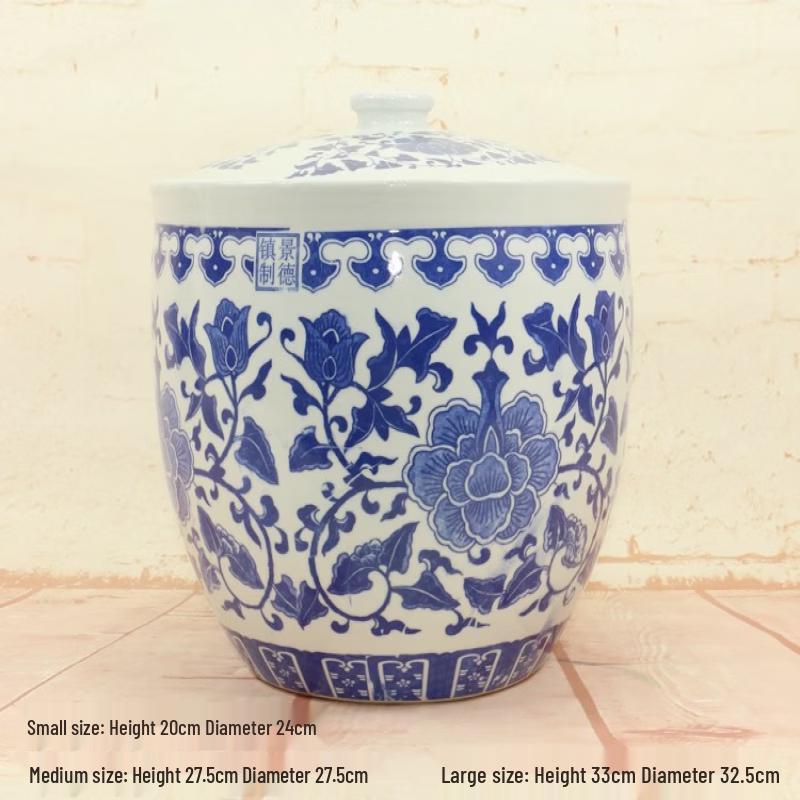 Ru Han Blue and White Ceramic Rice Jar with Lid