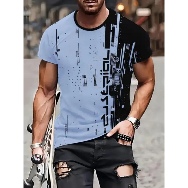 Summer Round Neck 3D Color block Print Top Fashionable Casual Short Sleeved Men's T-shirts