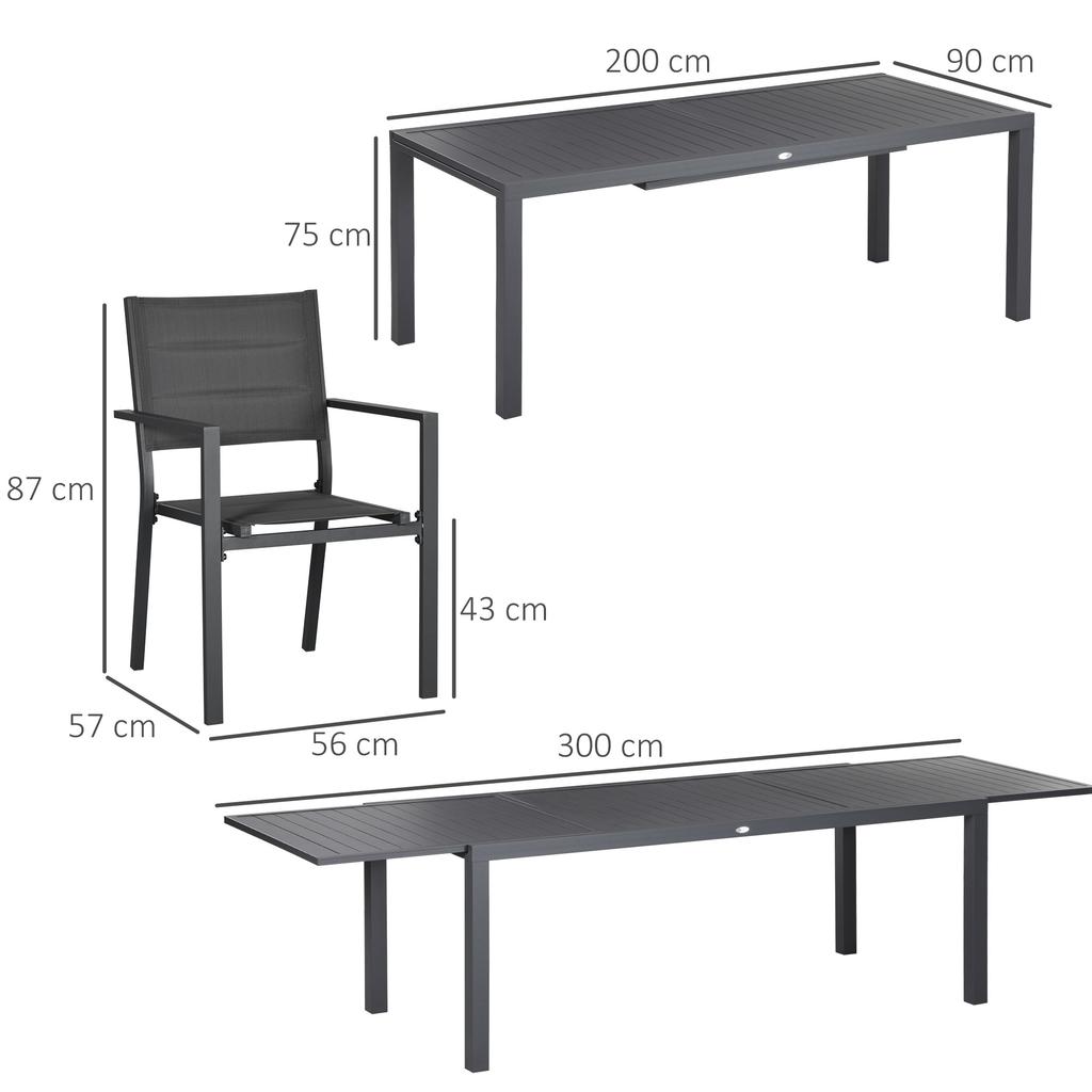 Garden Furniture Set in Aluminium and Textilene Extendable Table 8/12 People 12 Stackable Chairs Grey
