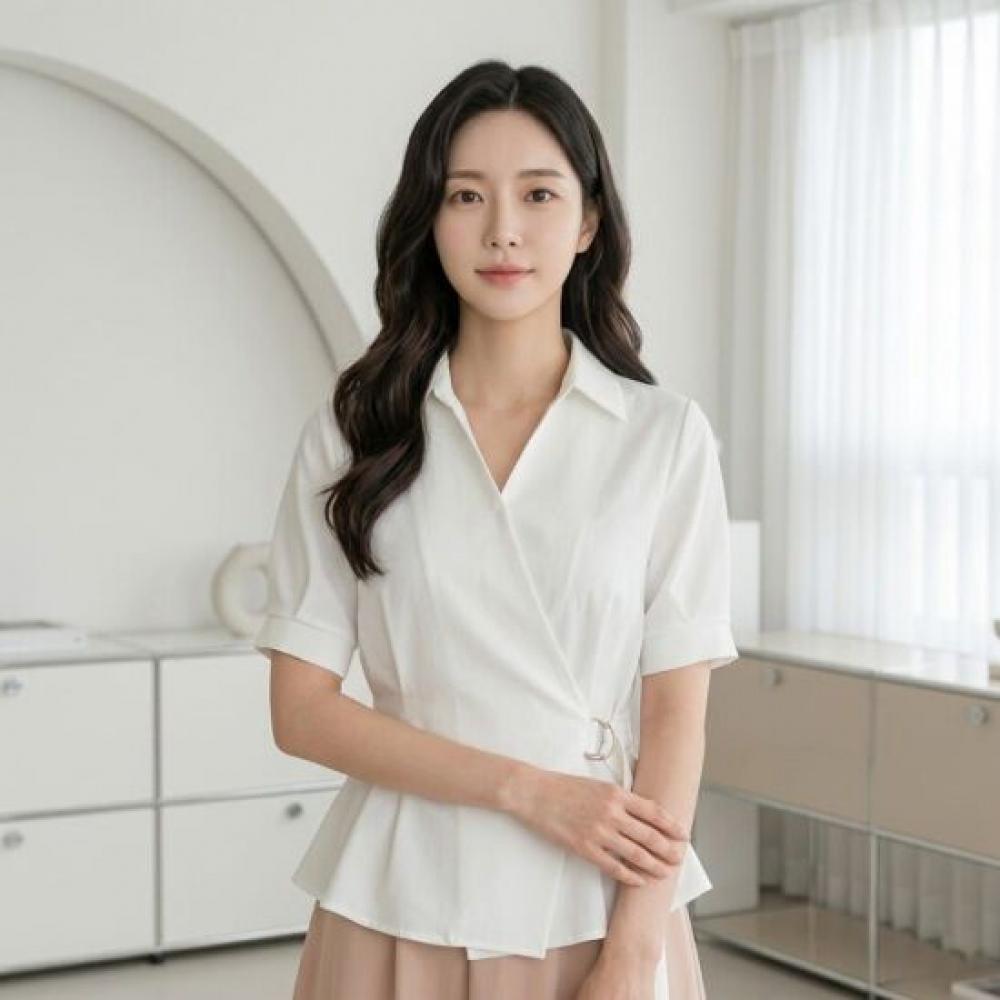 Style Latte Women Summer Short SleeVe Collar Wrap Blouse Simple V Neck Blouse