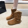 Fashion Fashionable Pleated Boots - Women's 2025 New Winter Belted Flat Nude Boots - Large Size Retro Round Toe Slimming Short Boots