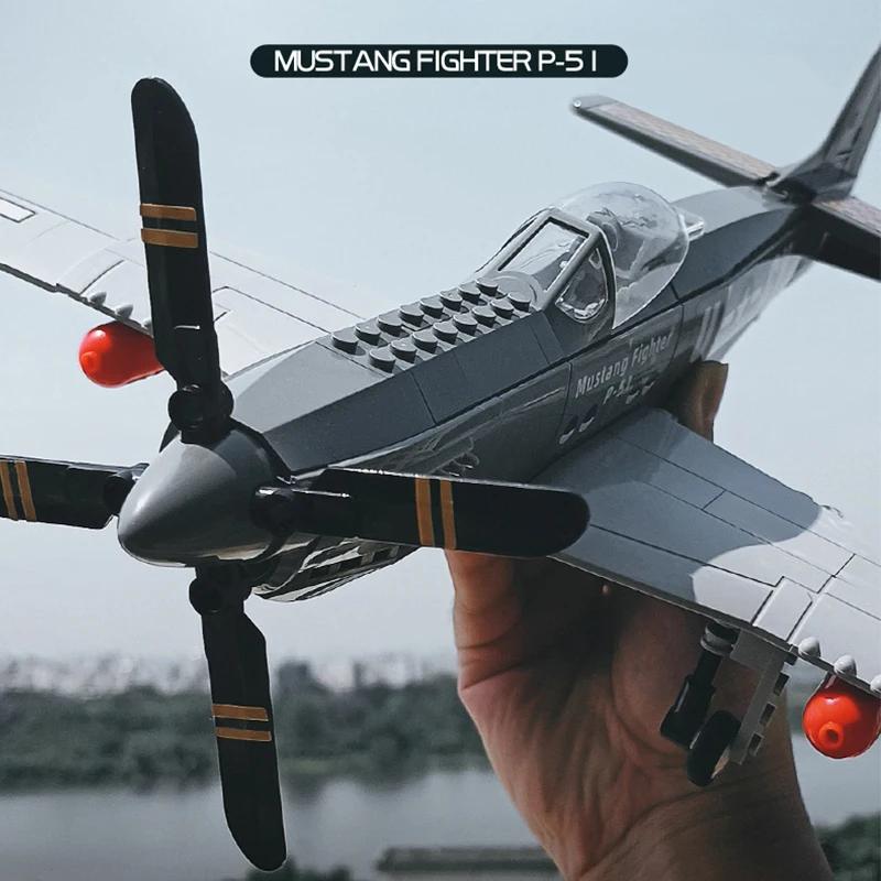 Military USA P-51 Mustang Fighter Jets Model Building Blocks Technical Aircraft Airplane MOC Weapons Bricks Toys for Adult Gifts