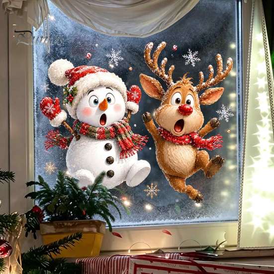 Removable PVC Clings Christmas Static Window Clings, Glass Decals, Snowman Santa Reindeer Nutcracker Seasonal Home Decor with Snowflakes, Reusable